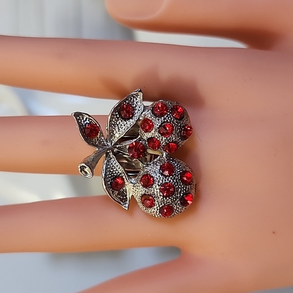 Silver Red Crystal Cherry Stretchy Ring - Picture 7 of 7